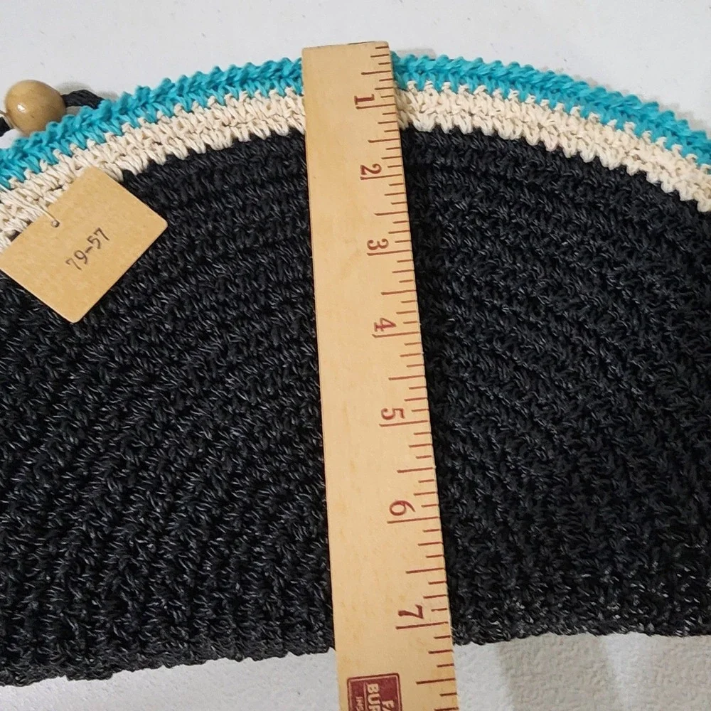 Vintage Woven Straw Raffia Half Moon Clutch Bag Made in Japan Black Blue Cream